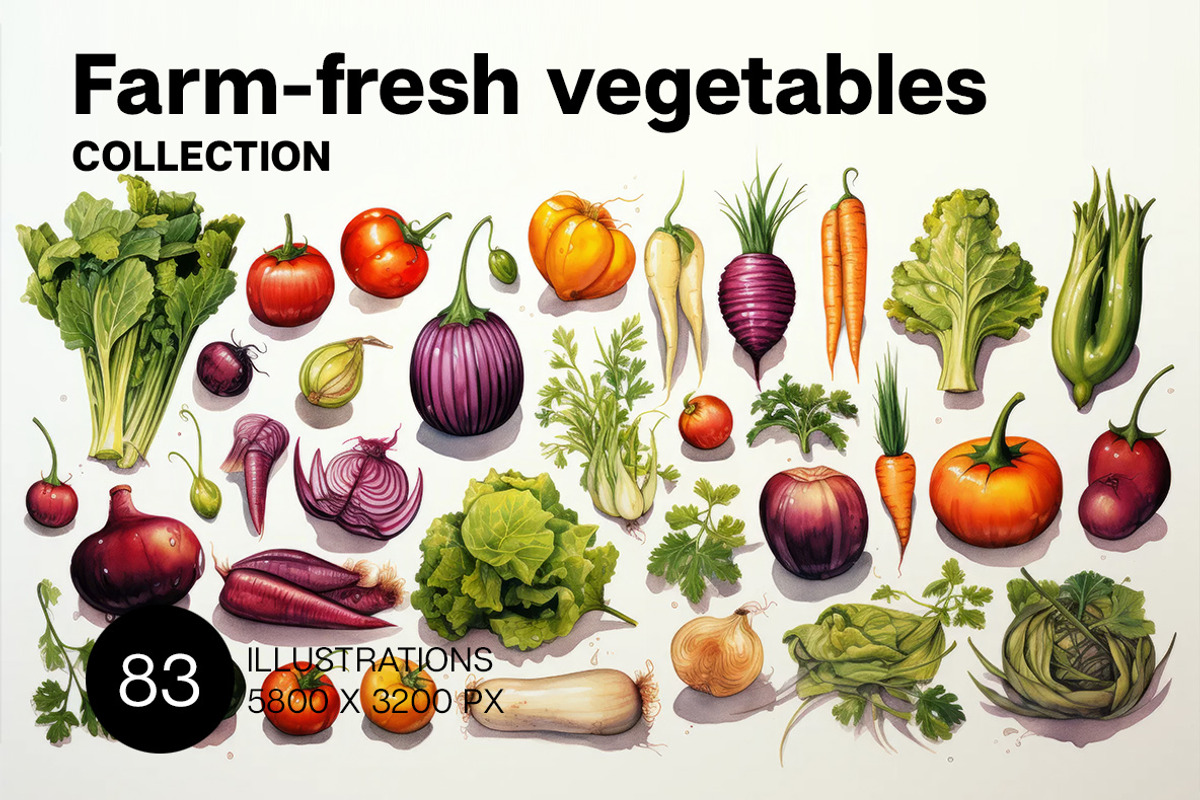 Farm-fresh vegetables. 83 images, a Food Illustration by Handmadefont (Photo 1 of 14)