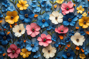 Colorful floral arrangement featuring various paper flowers set against a blue, a Nature Photo by AlyaAnd