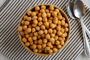 Organic Raw Canned Chickpeas in a Bowl, top view. Flat lay, over, a Food & Drink Photo by LiudmylaChuhunova