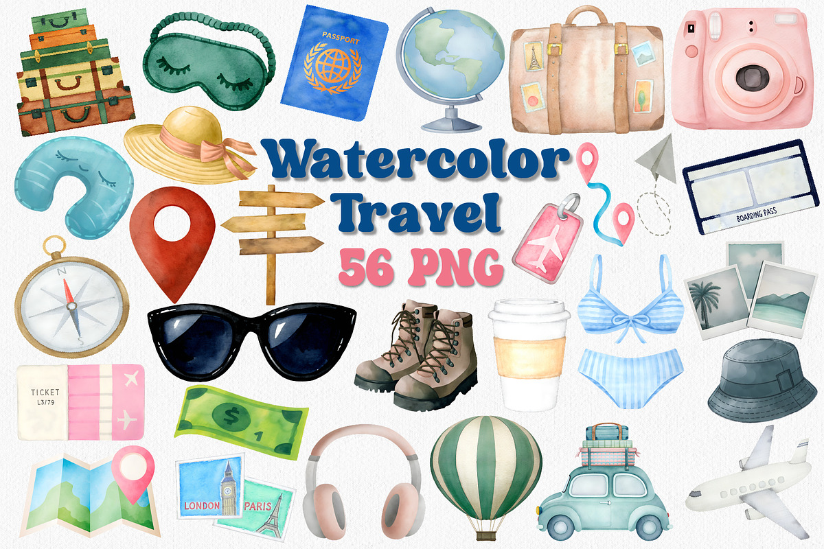 Watercolor Travel Clipart Set, an Illustration by CropUp Creative (Photo 1 of 4)