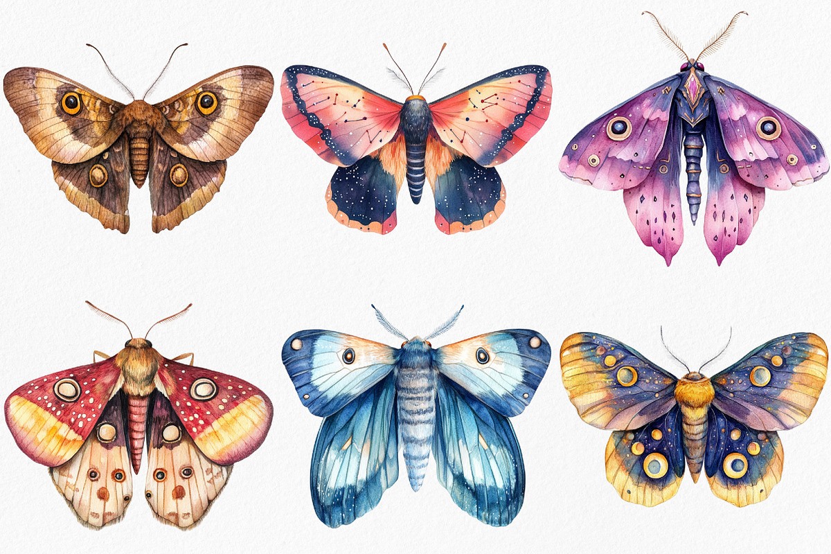 Watercolor Night Moths Clipart, an Illustration by Canvas Craft (Photo 2 of 8)