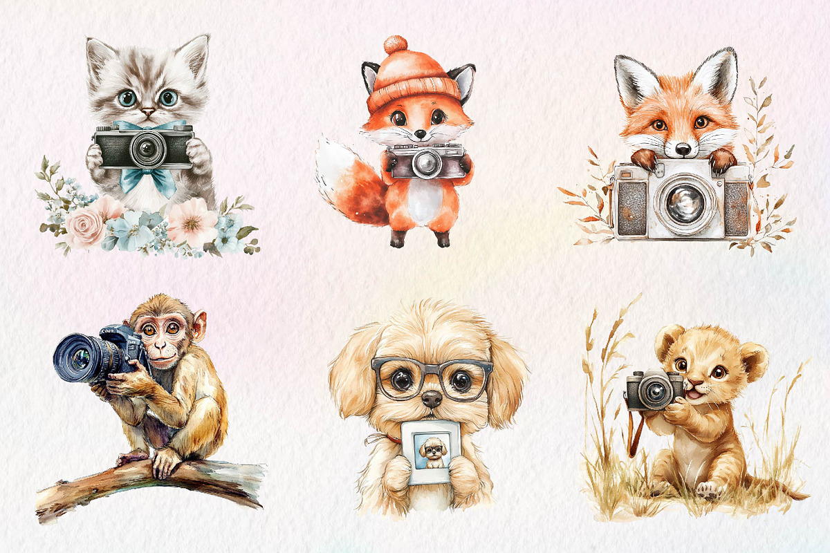Watercolor Cute Animals Photographer, an Illustration by CreationArt (Photo 3 of 5)