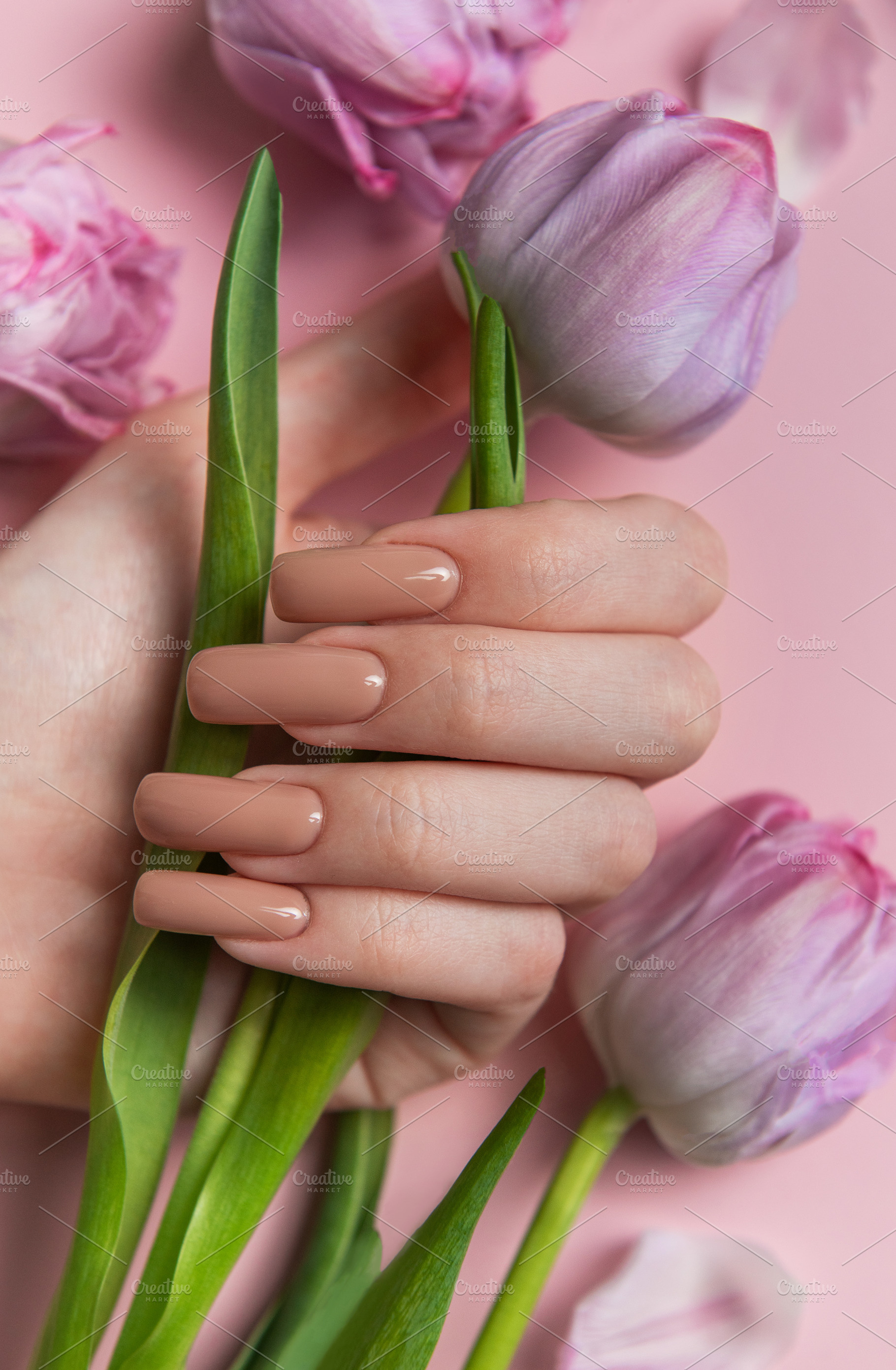 Woman hand with perfect nude manicure holding tulip flowers on p, a Beauty & Fashion Photo by Olena Rudo