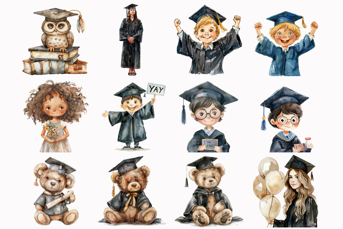 Watercolor Graduation Clipart, an Illustration by Design Market (Photo 3 of 5)