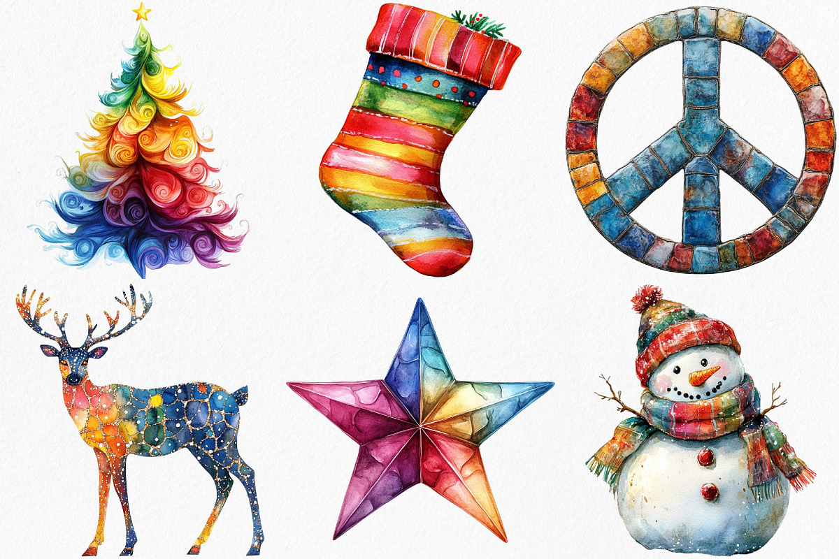 Watercolor Groovy Christmas Clipart, an Illustration by Canvas Craft (Photo 3 of 7)