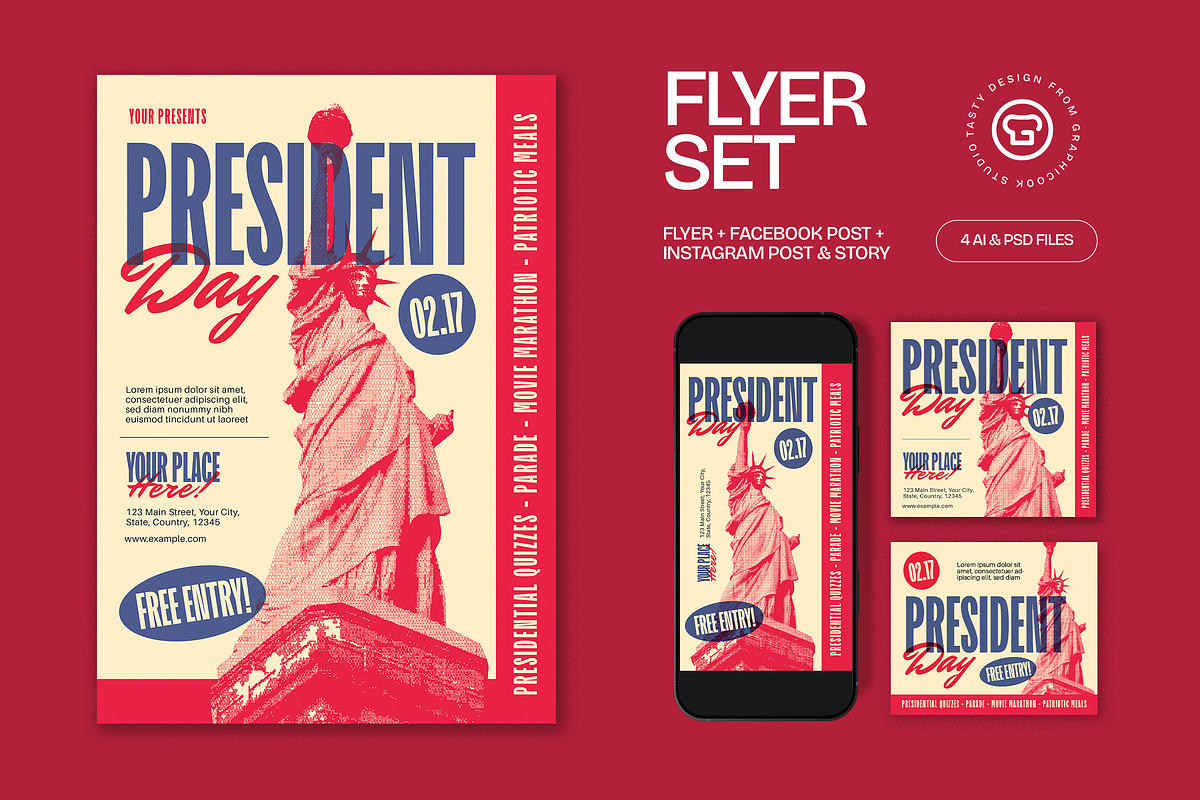 Red Vintage President Day Flyer Set, a Flyer Template by graphicook (Photo 1 of 3)