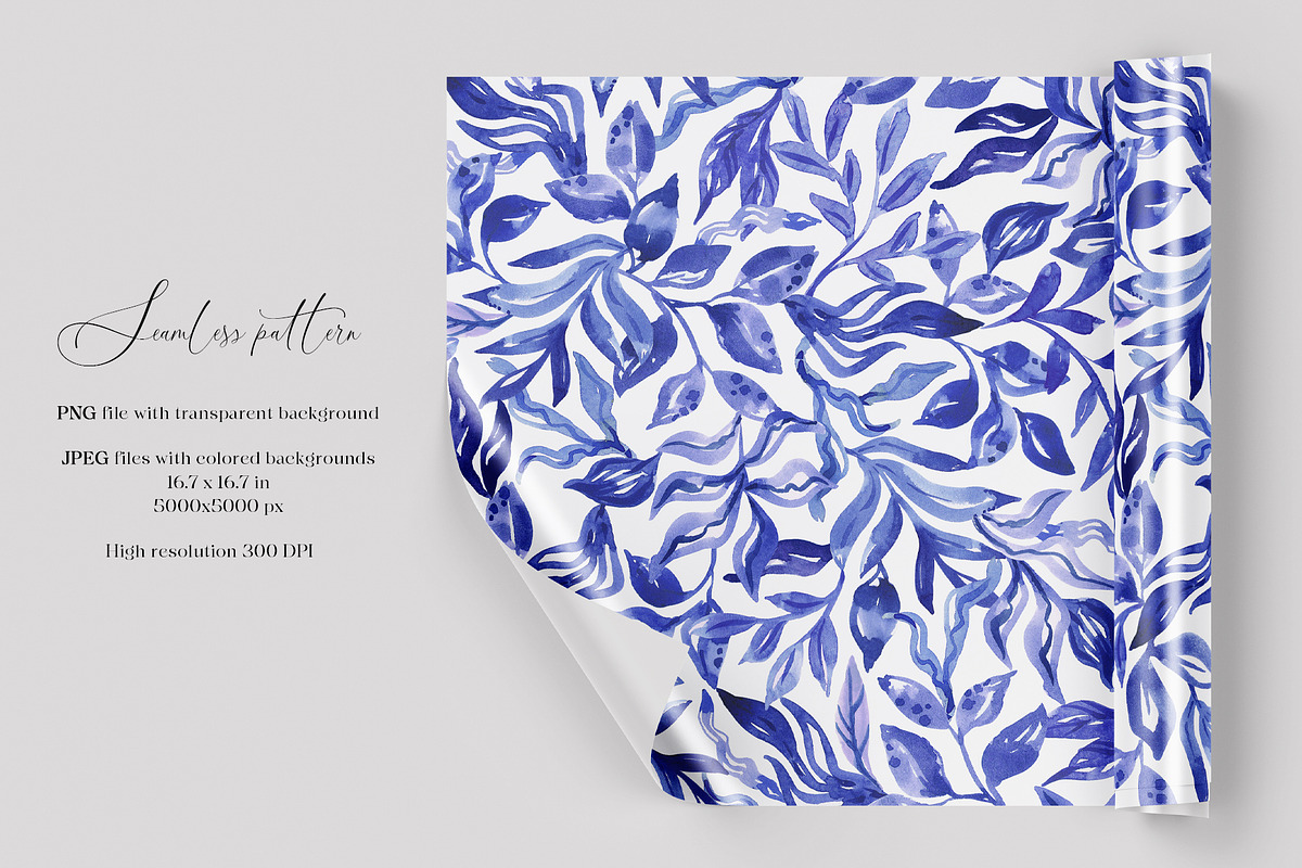 Blue Watercolor Foliage Repeat Print, a Pattern Graphic by SirenaArt (Photo 3 of 17)
