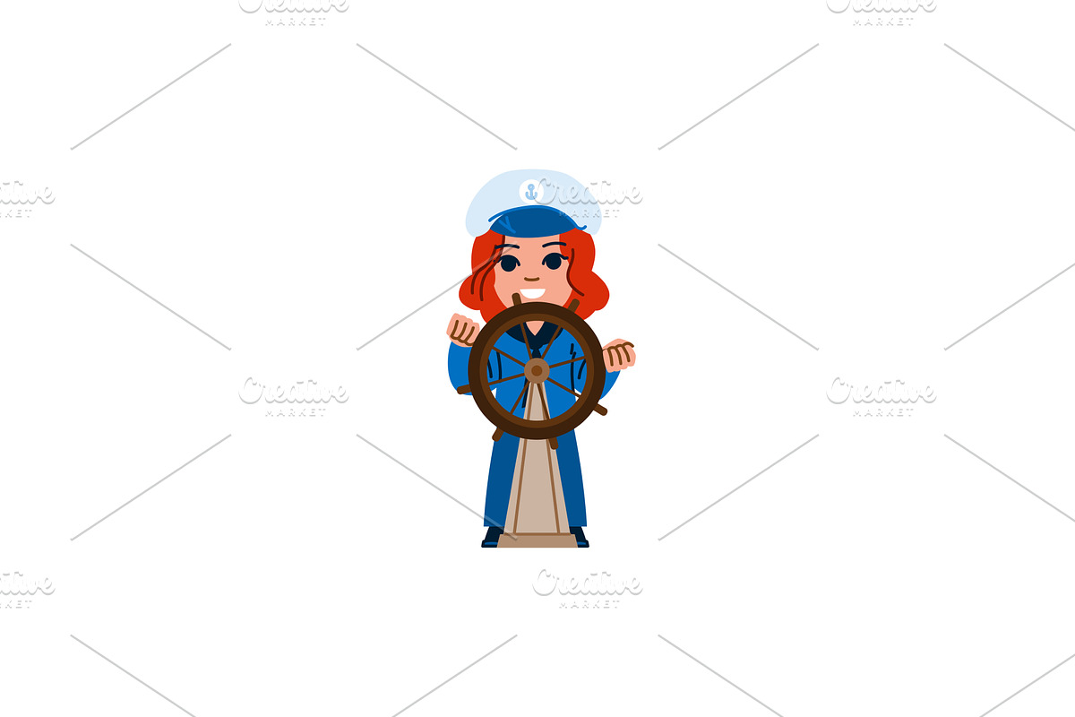 Smiling sailor woman steering ship, a Transportation Illustration by pikepicture