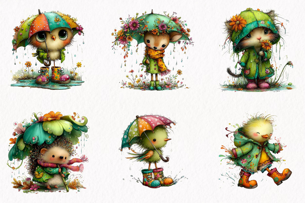 Whimsical Rainy Day Animals Clipart, an Animal Illustration by fashionaddict (Photo 4 of 7)