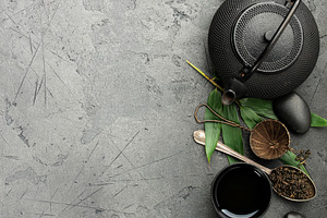 Asian Tea Ceremony Elements with Copy Space on Dark Stone, a Food & Drink Photo by Natalia Klenova's Shop