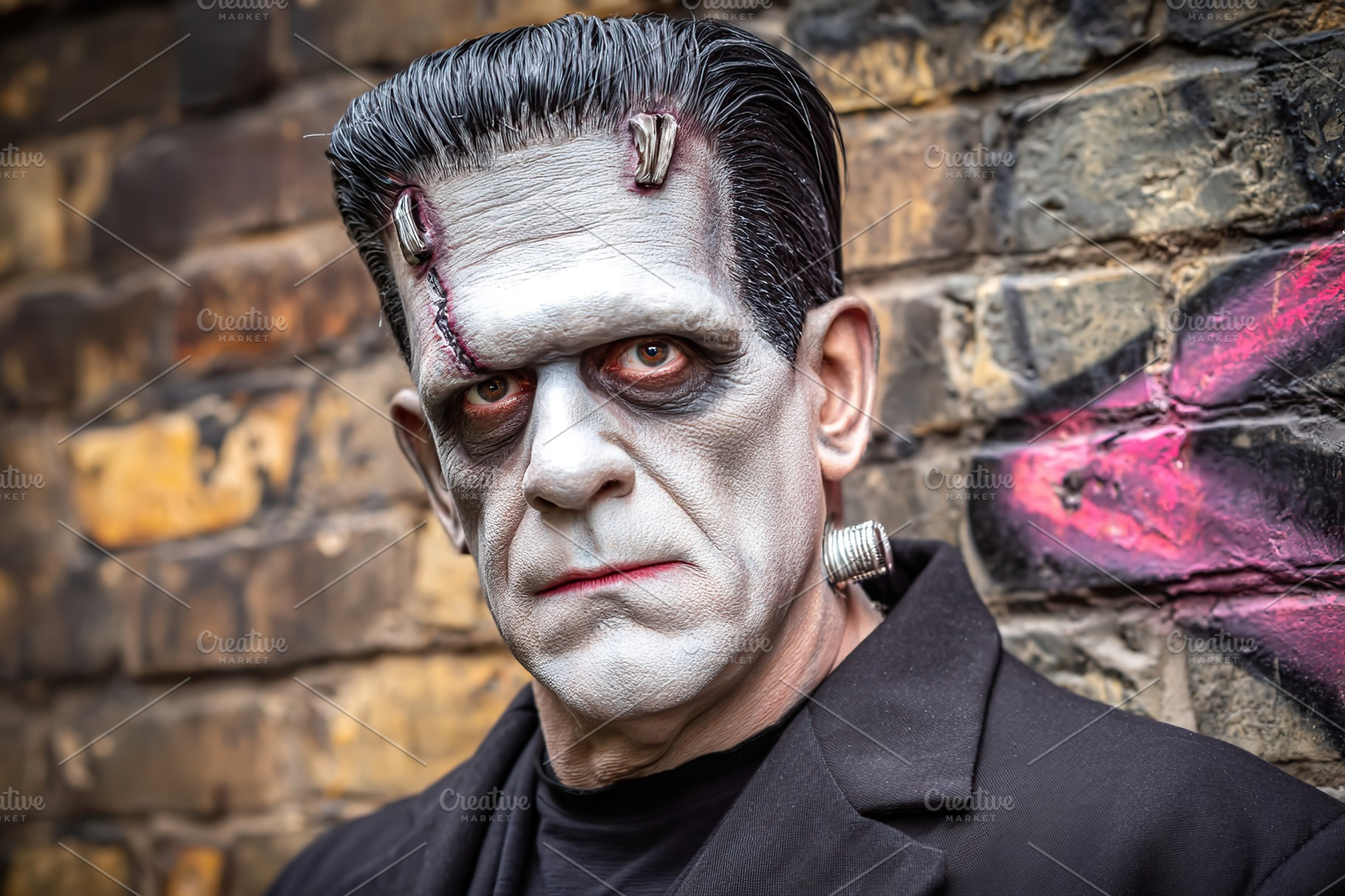 Halloween celebration features a man dressed as a classic monster in an urban s, a Photo by AlyaAnd