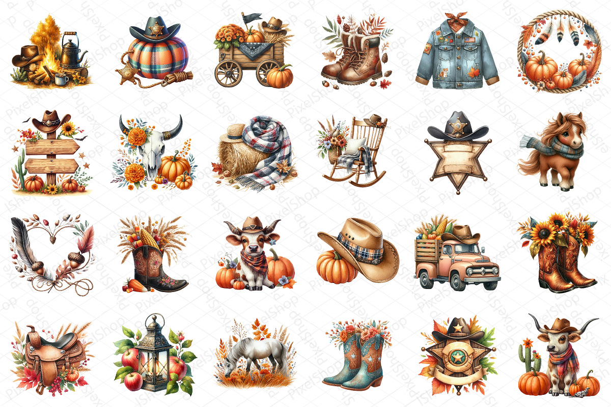 Watercolor Cowboy Autumn Clipart, an Illustration by DreamPrint404 (Photo 2 of 5)