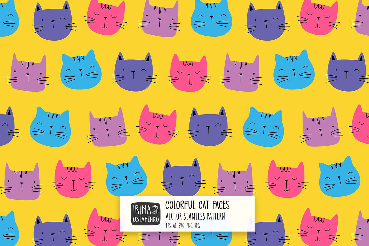 Colorful Cat Faces Seamless Pattern, a Pattern Graphic by Irina Ostapenko (Photo 1 of 5)