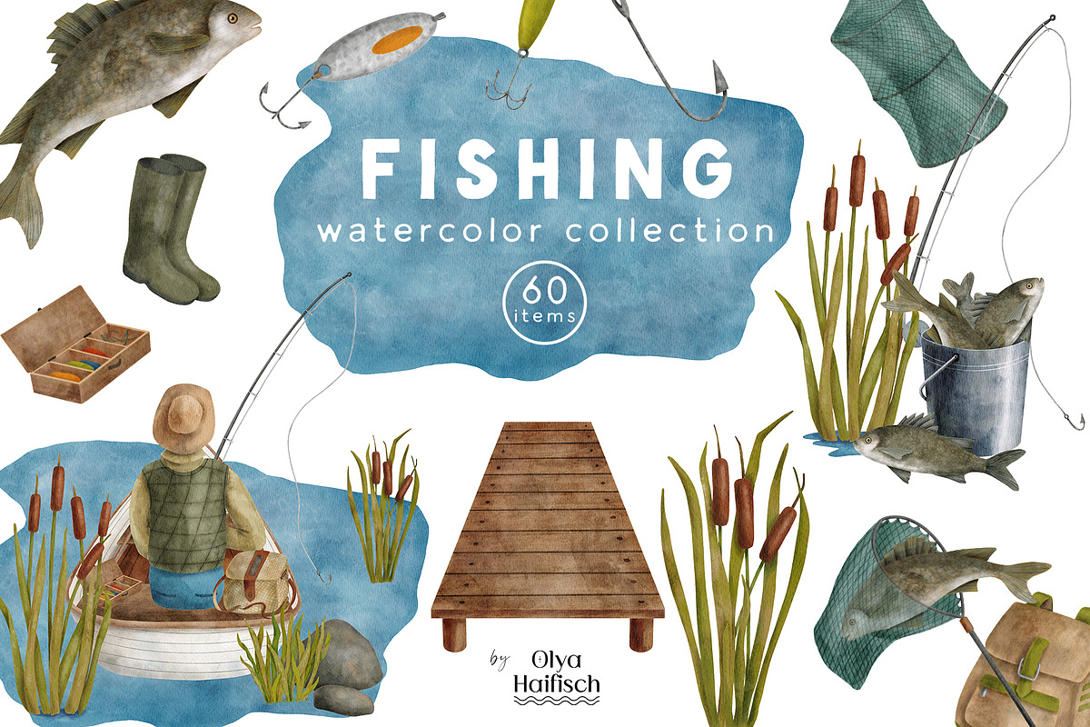 Watercolor Fishing Collection, an Object Illustration by Olya Haifisch (Photo 1 of 9)