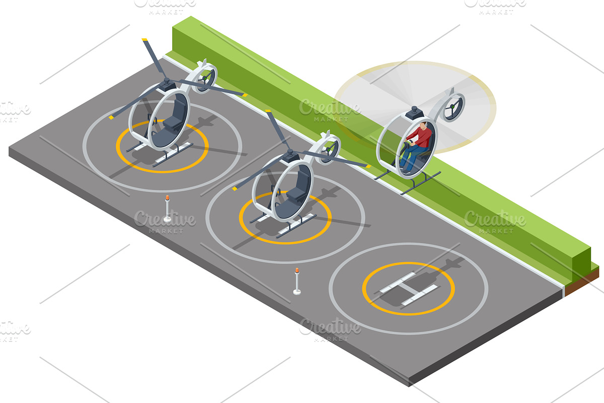 Isometric mini helicopter parking, a Transportation Illustration by Golden Sikorka