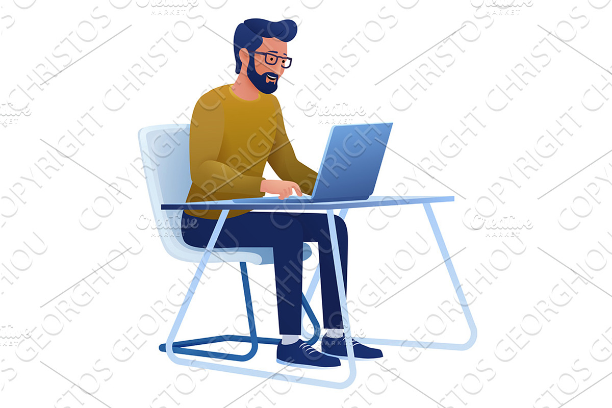 Man Using Laptop Computer Cartoon, a Person Illustration by Christos Georghiou