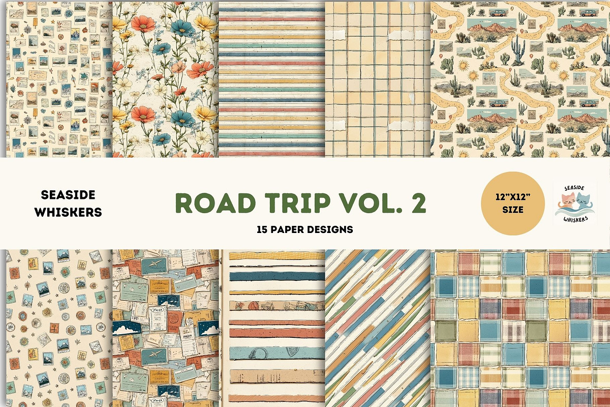 Road Trip Digital Paper Pack Vol. 2, a Seasonal Illustration by Seaside Whiskers (Photo 1 of 4)