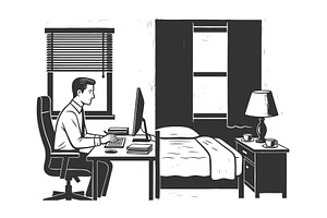 Man Working from Home Office in, a Person Illustration by AlexArt