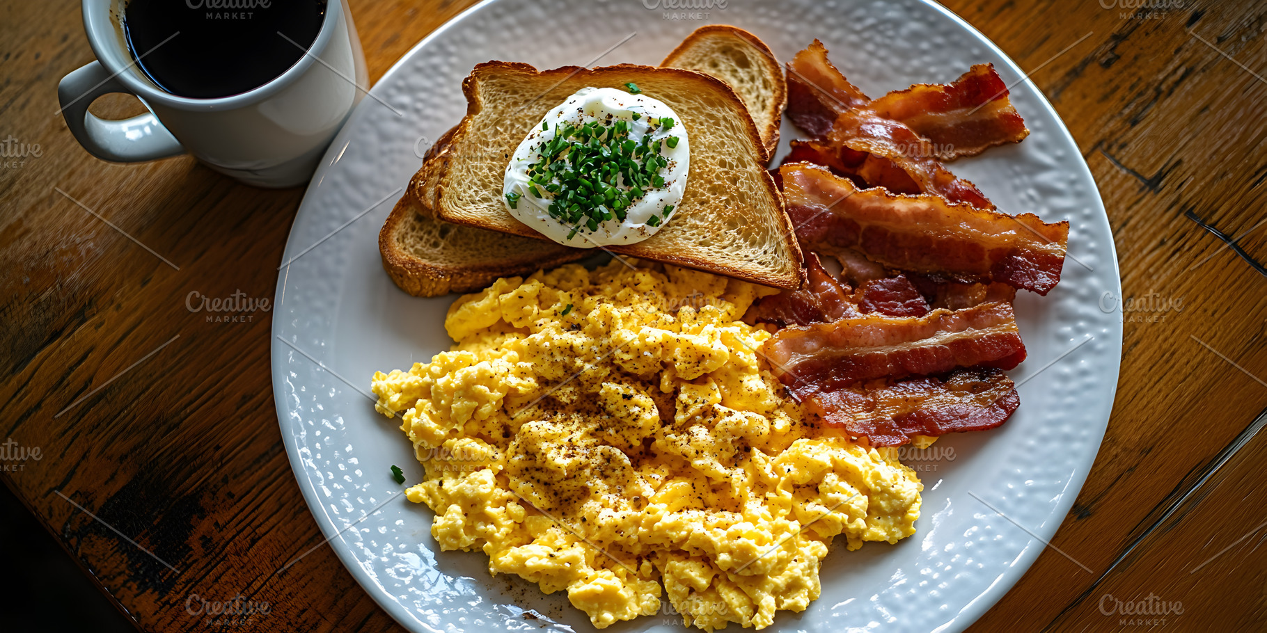 Scrambled eggs with bacon toast and sour cream, a Food & Drink Photo by Photostock