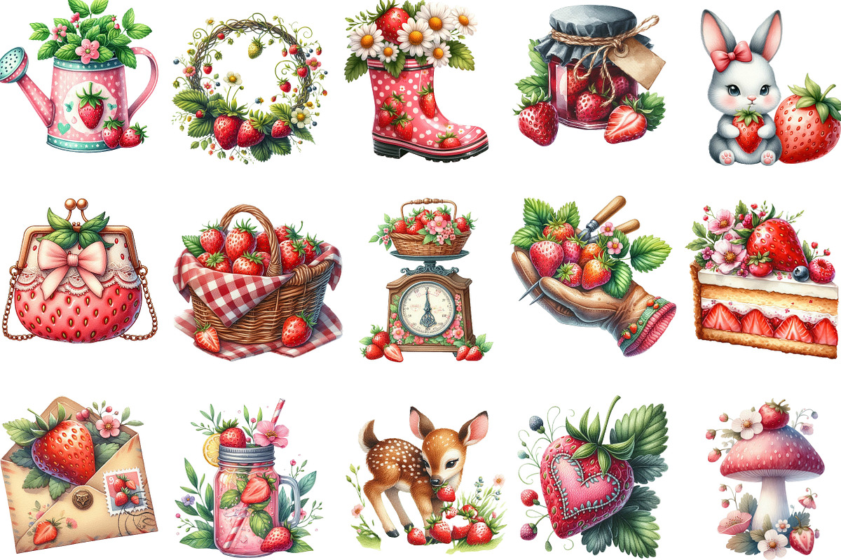 Cute Cottagecore Strawberry Clipart, an Illustration by Designking (Photo 2 of 4)