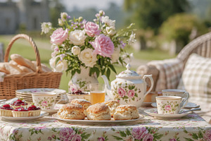 Traditional afternoon tea party set in a peaceful garden, enjoying fresh scones, a Photo by Studio ANNA