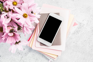 Pink and Grey Feminine Office Desktop Flat Lay with a smartphone and copy space, a Business Photo by With Love Monique