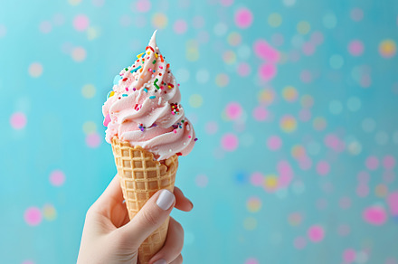 Ice cream with sprinkles in waffle cone in female hand, a Food & Drink Photo by AlyaAnd