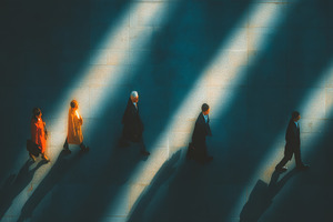 Urban scene with professionals walking through sunlight and shadows on city wal, a Person Photo by AS photostudio