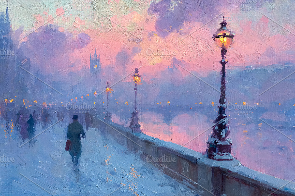London street lamp glowing at sunset, snow covering Westminster bridge, Impress, an Illustration by Studio ANNA