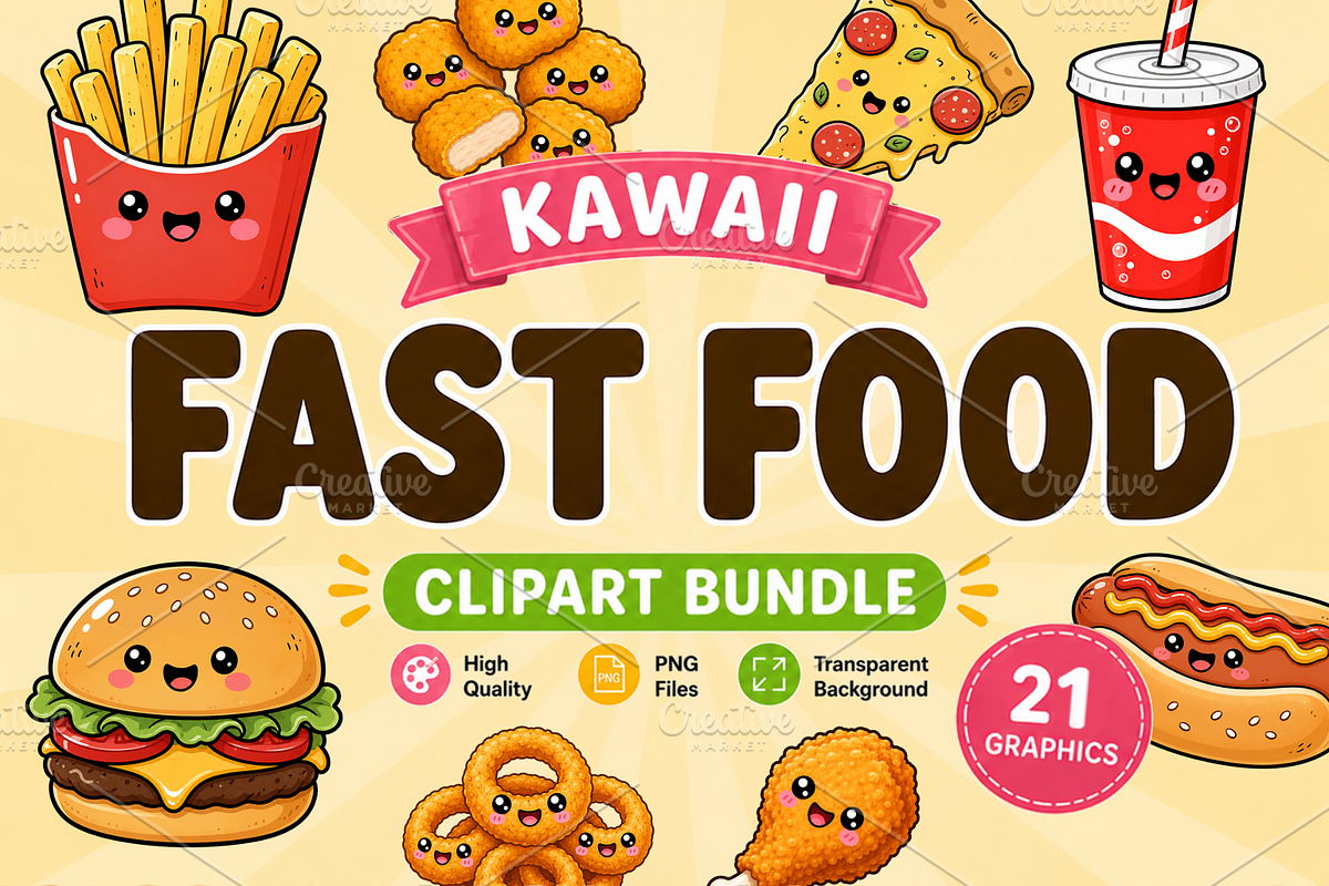 Kawaii Fast Food Clipart Collection, a Food Illustration by QM_ART (Photo 1 of 4)
