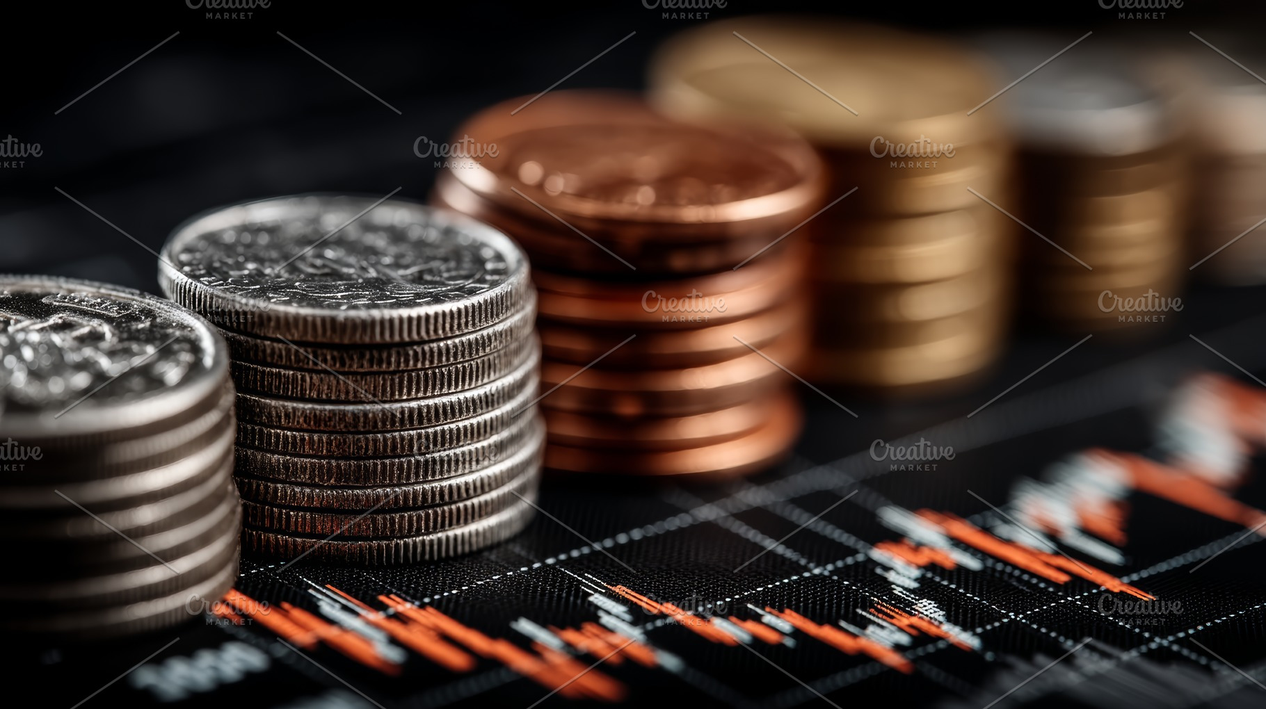 Stacked coins on a stock chart representing dividend income, investment growth, a Photo by AS photostudio