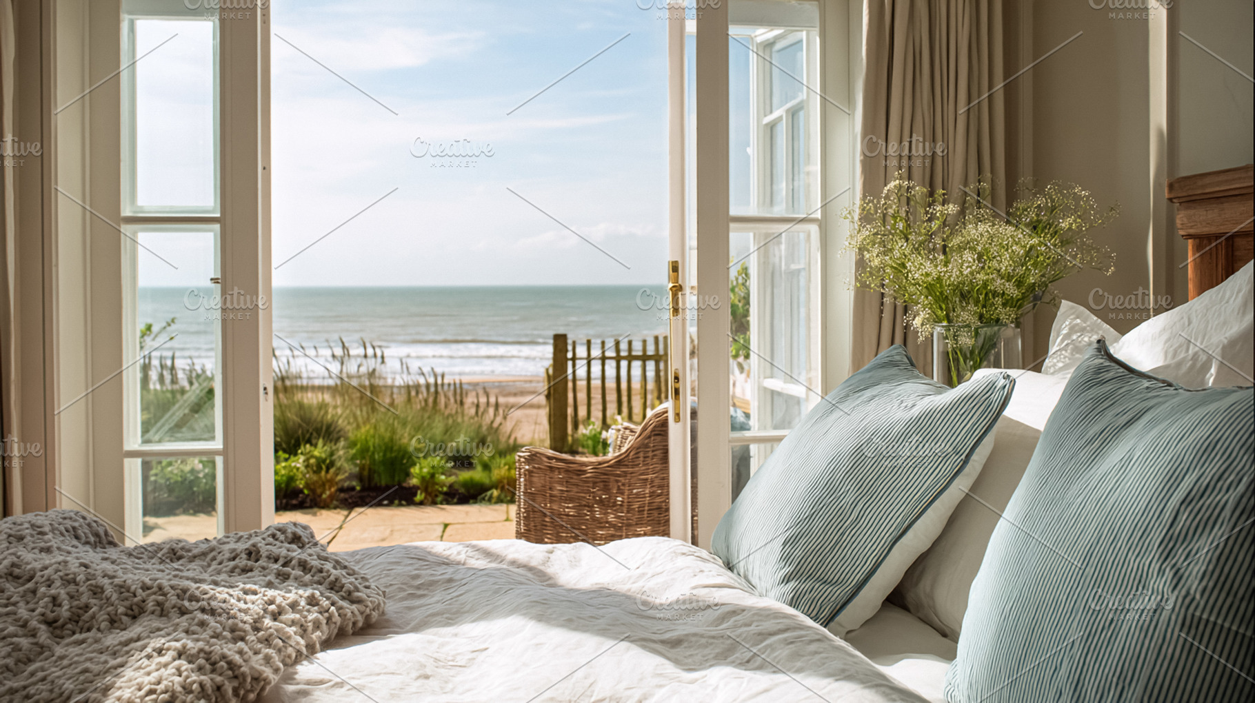 Bedroom inside a luxurious resort, sunlight casting on the bed,, a Photo by Studio ANNA