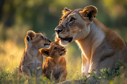 A lioness watches over her two cubs,, a Background Photo by Pixeness