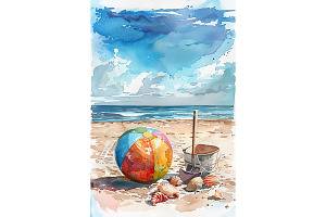 Beach Ball and Shells Watercolor Art, a Decorative Illustration by Art Paradise Studios