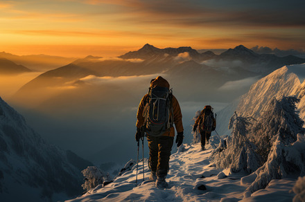 Two hikers in the mountains at sunset. Beautiful winter landscap, a Photo by AS photostudio