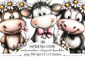 Whimsical Spring Cow Clipart, an Illustration by Designking
