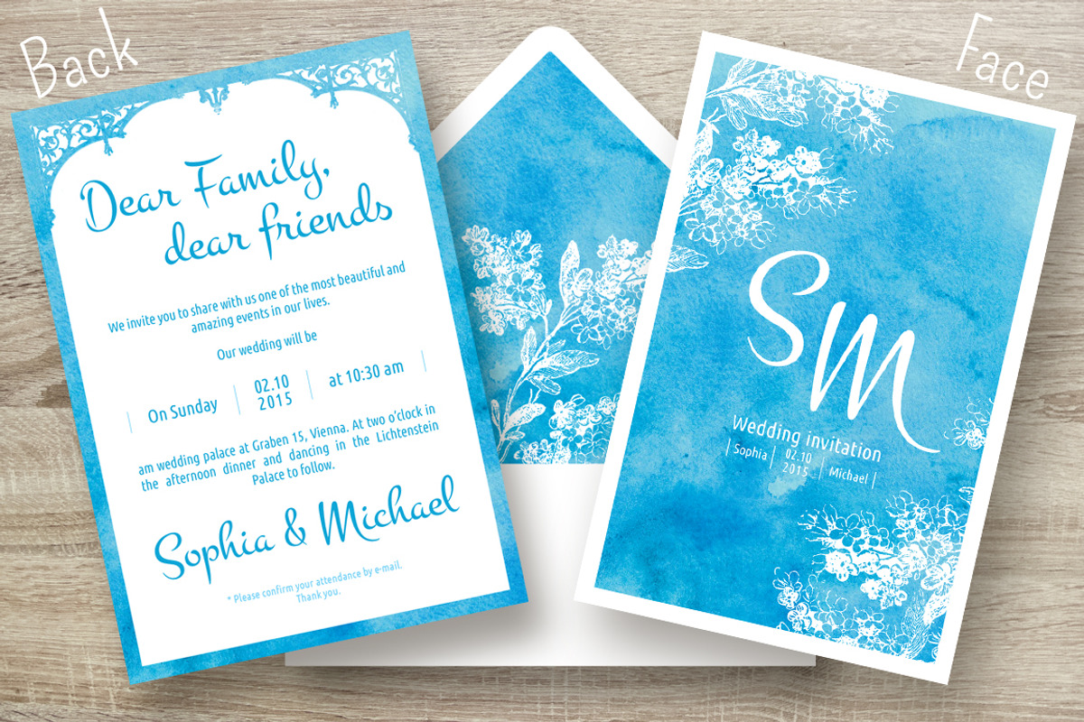 Blue Watercolor Invitation suit, an Invitation Template by Cheremuha (Photo 2 of 10)