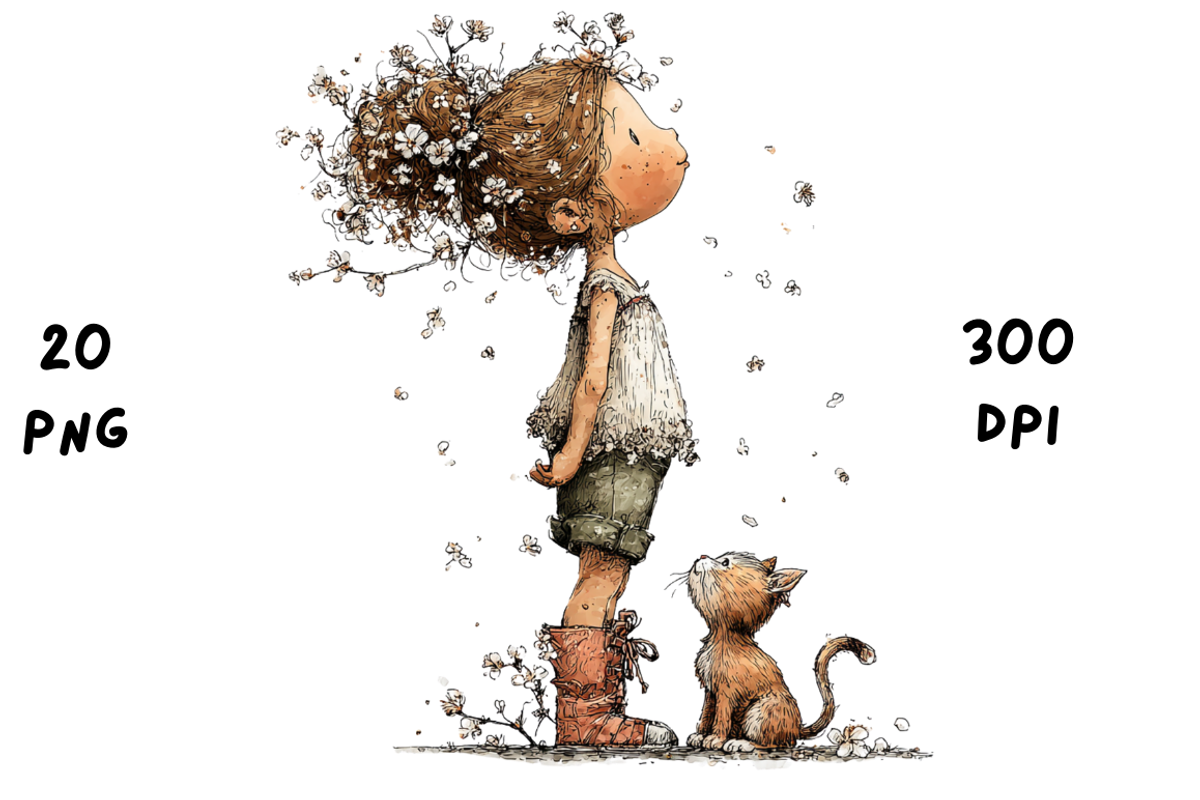 Whimsical Floral Girl & Kitten, an Animal Illustration by GiraffeCreative (Photo 13 of 20)