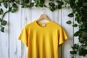 Yellow T-shirt on Wooden Background, a Beauty & Fashion Photo by Pixeness Studio
