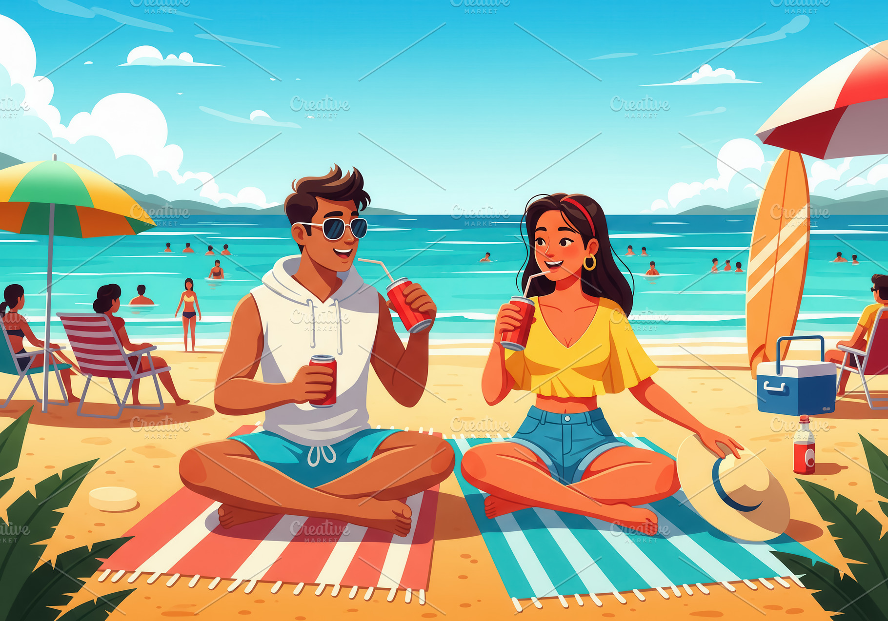 young couple having drinks on a summ, a Holiday Photo by angellodeco