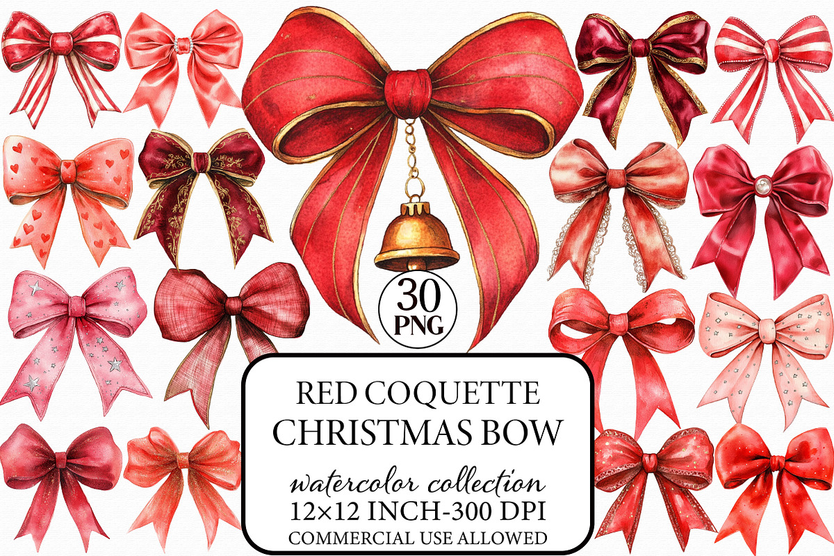 Red Coquette Christmas Bow Clipart, an Illustration by Libby Wishes (Photo 1 of 7)