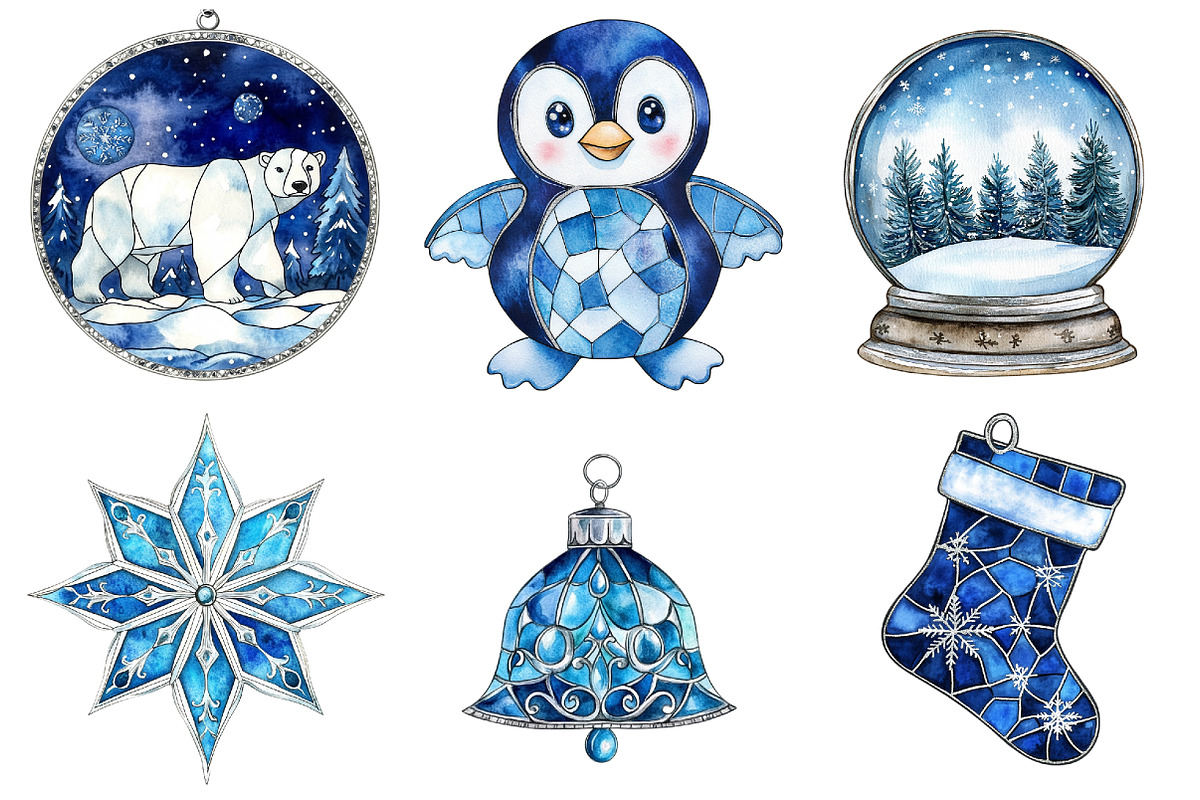 Blue Christmas Stained Glass Bundle, a Seasonal Illustration by CitraGraphics (Photo 5 of 8)