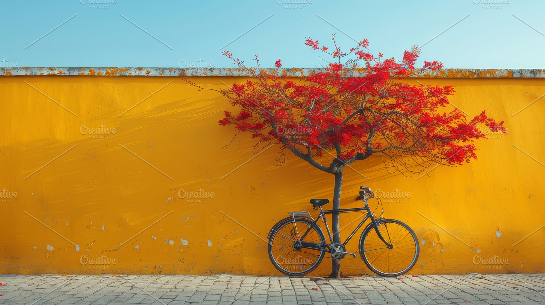Vintage Bicycle Parked Against a Vibrant Yellow Wall with Red Blossoming Tree A, a Photo by AS photostudio