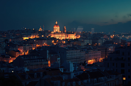 Lisbon cityscape at night illuminate, a Background Photo by Pixeness