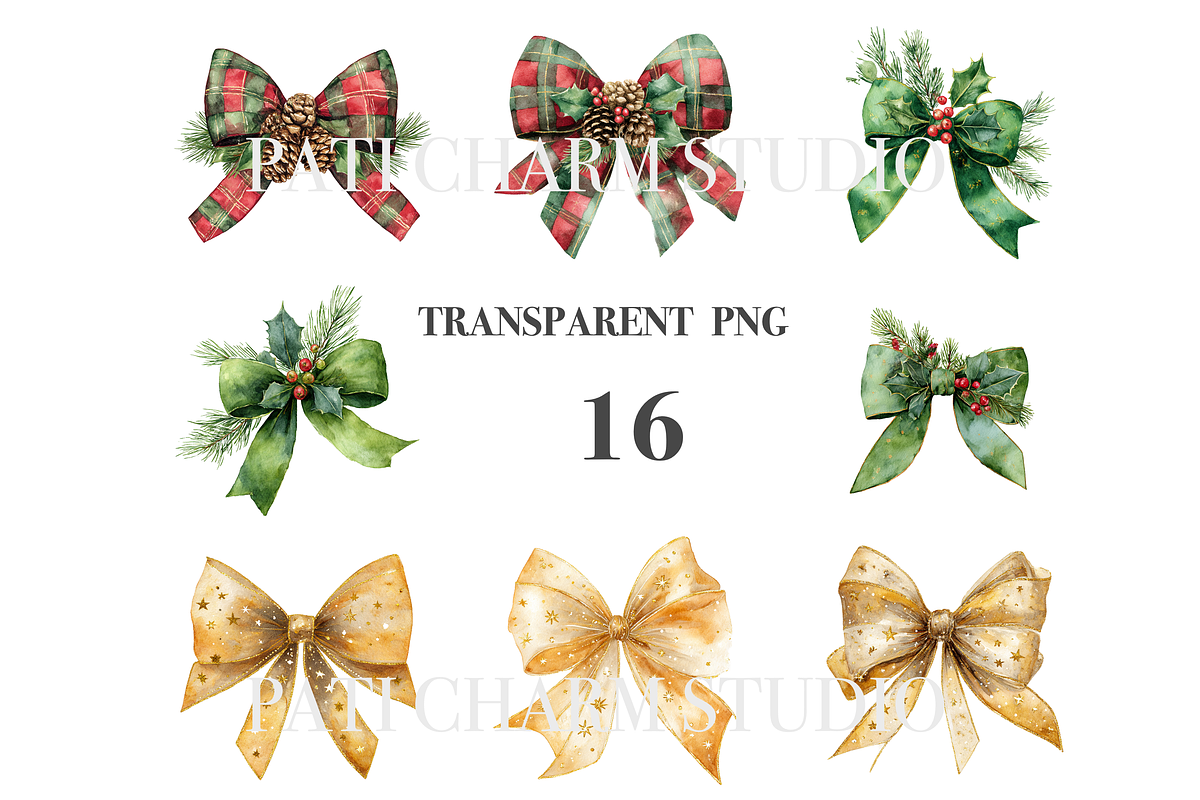 16 Christmas Bows Clipart, a Decorative Illustration by Pati Charm Studio (Photo 3 of 8)