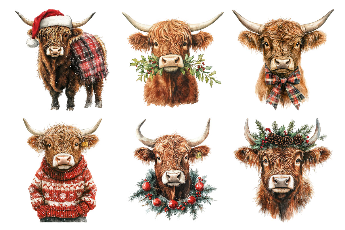 Christmas Highland Cow Clipart, an Illustration by Daily.Designs (Photo 5 of 5)