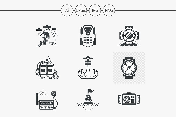 Diving Black Design Icons. Set 4