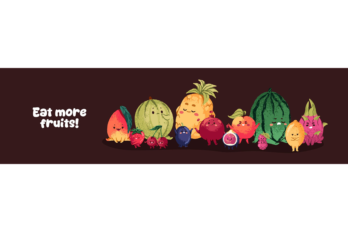 Cute funny fruits set + backgrounds, a Food Illustration by PaperTrident (Photo 3 of 8)