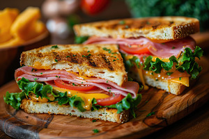 Toast sandwich with cheese, turkey ham, tomato and fresh lettuce on wooden back, a Food & Drink Photo by AlyaAnd