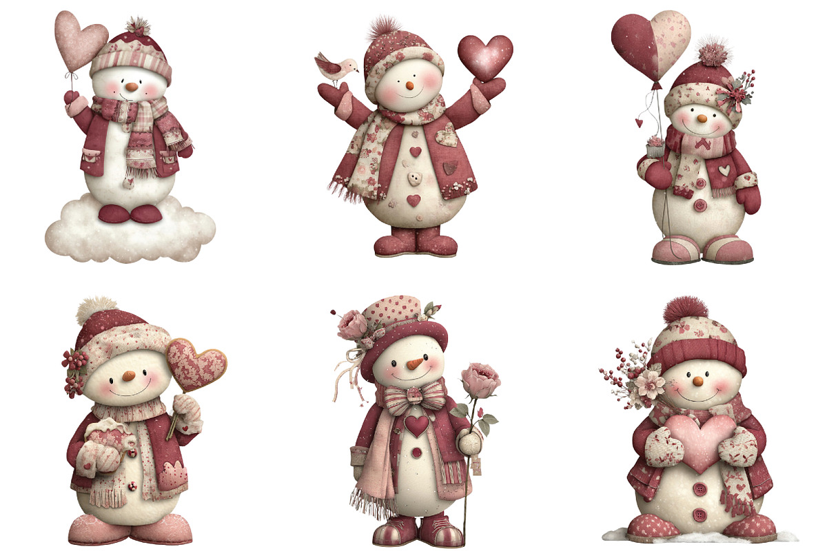 Whimsical Valentine Snowmen Clipart, an Illustration by CraftArtStudio (Photo 2 of 6)